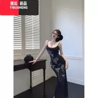 YIBUSHENG复古网纱印花吊带连衣裙女装纯欲性感开叉收腰包臀长裙紧身裙子