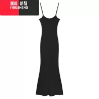 YIBUSHENG性感紧身吊带连衣裙女季黑色收腰修身裙子小妈裙鱼尾包臀中长裙