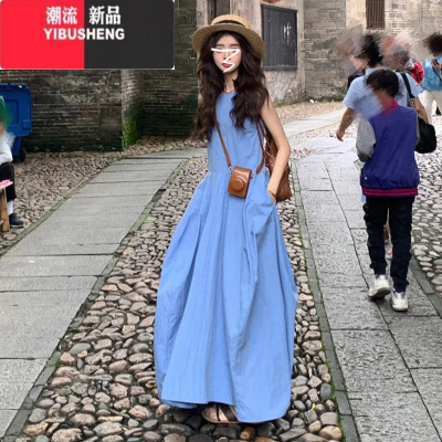 YIBUSHENG蓝色无袖背心连衣裙子女季2024新款海边度假法式气质看长裙