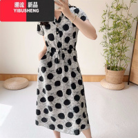 YIBUSHENG人造棉收腰连衣裙女2024季大码v领短袖棉绸宽松显瘦中长款裙子