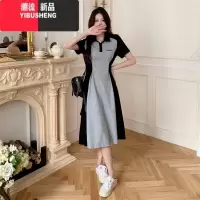 YIBUSHENG大码胖MM拼接休闲收腰长裙polo连衣裙季新款遮肚显瘦a字裙子女