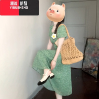 YIBUSHENG法式茶歇绿色碎花连衣裙子女2024季新款方领泡泡袖收腰气质长裙