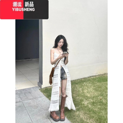 YIBUSHENG白色蕾丝连衣裙女季新款小众别致设计感修身显瘦辣妹开叉长裙子