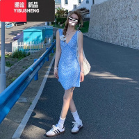 YIBUSHENG法式蓝色无袖v领碎花连衣裙子女季2024年新款海边度假气质短裙