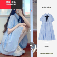 YIBUSHENG奶蓝色连衣裙女季奶甜可盐可甜炸街泡泡袖初恋公主衬衫娃娃裙子