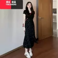 YIBUSHENG法式黑色碎花连衣裙女季2024年新款小众设计感气质收腰显瘦长裙