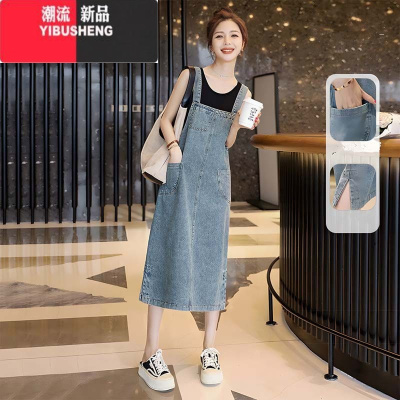 YIBUSHENG2024新款韩系可爱牛仔背带裙女春秋学院风宽松复古中长款连衣裙