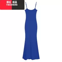 YIBUSHENG蓝色修身性感吊带连衣裙女季显身材包臀裙收腰裙子弹力休闲长裙