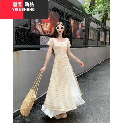 YIBUSHENG大码女装法式温柔风短袖连衣裙季胖MM宽松显瘦休闲开叉裙子套装