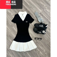 YIBUSHENG季茶系穿搭假两件裙子女新款学院风收腰显瘦短袖拼接百褶连衣裙