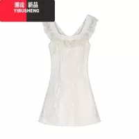 YIBUSHENG法式白色蕾丝小飞袖连衣裙女季荷叶边收腰a字裙子气质露背长裙