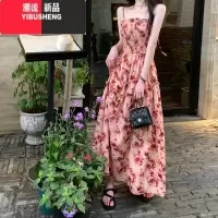 YIBUSHENG法式玫瑰印花系带吊带连衣裙女春季2024新款度假风褶皱收腰长裙子