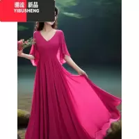 YIBUSHENG多巴胺穿搭季新款雪纺玫红色跳舞大摆连衣裙海边度假拍照长裙仙