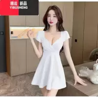 YIBUSHENG露胸连衣裙女性感露背V领低胸收腰显瘦短袖A字短裙足浴技师工作服