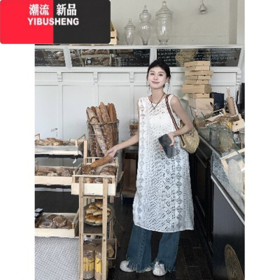 YIBUSHENG设计感蕾丝镂空背心连衣裙女装季开叉叠穿罩衫A字裙子