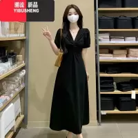 YIBUSHENG大码黑色v领针织连衣裙女季高级感气质裙子胖mm遮肚显瘦a字长裙