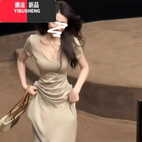 YIBUSHENG纯欲性感法式气质v领连衣裙子季女装2024新款修身显瘦收腰长裙