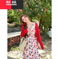 YIBUSHENG安妮不火 玫瑰花吊带连衣裙女2024季新款微胖大码收腰碎花长裙