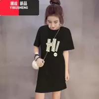 YIBUSHENG花灰色圆领短袖女连衣裙2024季新款宽松中长款大版T恤裙ins