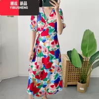 YIBUSHENG棉绸碎花短袖裙波西米亚沙滩裙连衣裙人棉海边渡假裙绵绸裙子女