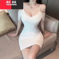 YIBUSHENG夜场上班衣服女装性感网纱吊带连衣裙褶皱露肩显身材修身包臀短裙