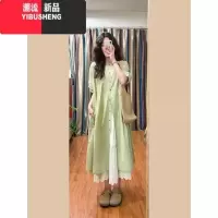 YIBUSHENG大码胖mm法式复古圆领绿色连衣裙女季新款棉麻叠穿文艺裙子套装