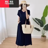 YIBUSHENG棉绸V领连衣裙女2024年季薄款收腰显瘦纯色人造棉沙滩裙大摆裙