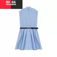 YIBUSHENG小个子蓝色条纹衬衫裙女新款季收腰显瘦百褶裙减龄短裙