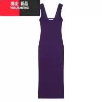 YIBUSHENG深紫色性感吊带针织连衣裙女季裙子修身纯欲包臀裙开叉收腰长裙