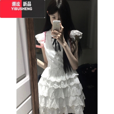 YIBUSHENG法式白色小飞袖连衣裙子女季高级感气质收腰小个子仙女蓬蓬短裙