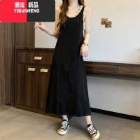 YIBUSHENG大码胖mm设计感木耳边吊带连衣裙女季慵懒风显瘦条纹背心针织裙