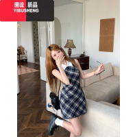 YIBUSHENG美式学院风格子无袖背心连衣裙女装季减龄收腰包臀裙子气质短裙