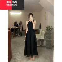 YIBUSHENG小众设计款梨型身材黑色挂脖吊带连衣裙女2024年新款小个子长裙