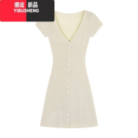 YIBUSHENG纯欲简约V领针织连衣裙女2024早春新款修身收腰A字裙短裙