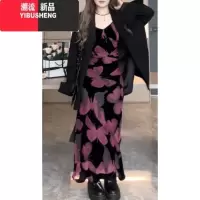 YIBUSHENG大码胖mm网红法式蝴蝶印花连衣裙女新款风情万种的吊带裙子