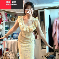YIBUSHENG茶歇法式碎花连衣裙子女季2024新款黄色小飞袖收腰气质吊带长裙
