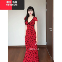 YIBUSHENG 御姐辣妹碎花V领连衣裙女2024季新款显瘦气质长裙子