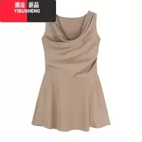 YIBUSHENG纯欲风荡领背心连衣裙女季缎面褶皱短裙高级感收腰显瘦a字裙子