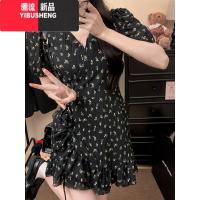 YIBUSHENG法式复古碎花荷叶边V领连衣裙女装季气质收腰A字裙短裙