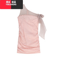 YIBUSHENG蝴蝶结波点斜领无袖连衣裙女装季气质网纱短裙收腰修身包臀裙子