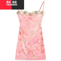 YIBUSHENG法式甜辣风复古网纱印花吊带连衣裙女季新款修身显瘦包臀短裙子