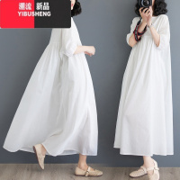 YIBUSHENG白色苎麻连衣裙女宽松遮肚子显瘦高腰大摆裙子胖mm海边度假长裙