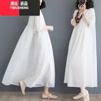 YIBUSHENG白色苎麻连衣裙女宽松遮肚子显瘦高腰大摆裙子胖mm海边度假长裙