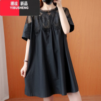 YIBUSHENG大码女装韩版蕾丝拼接网纱连衣裙春新款胖mm纯色显瘦短袖中长裙