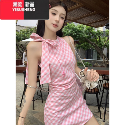 YIBUSHENG甜辣妹粉色格纹连衣裙女装季小众蝴蝶结系带挂脖包臀裙