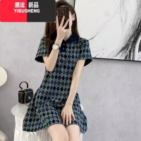 YIBUSHENG胖mm大码显瘦时尚polo领A字连衣裙女300斤季宽松休闲棱格裙子潮