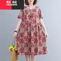 YIBUSHENG棉麻小碎花连衣裙大码洋气红色原创简宽松减龄中长款妈妈女士裙子
