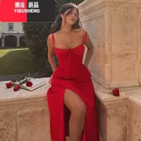 YIBUSHENG 法式绑带红色吊带连衣裙新款欧美ins修身开叉礼服度假裙