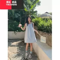 YIBUSHENG蓝色无袖挂脖连衣裙女季小个子A字裙系带休闲背心裙子