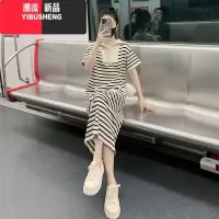 YIBUSHENG2024年季新款法式拉链翻领短袖宽松条纹针织连衣裙女小个子长裙